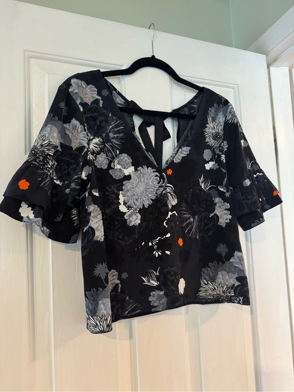 Topshop Black Floral V-Neck Tie-Back Blouse with Orange Accents